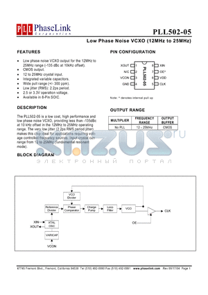 P502-05SC datasheet - Low Phase Noise VCXO (12MHz to 25MHz)