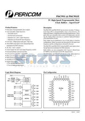 PI6C9911 datasheet - 5V High-Speed Programmable Skew Clock Buffers