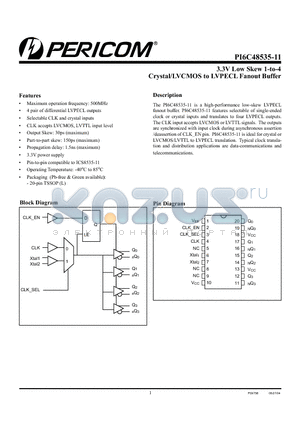 PI6C48535-11LE datasheet - 3.3V Low Skew 1-to-4 Crystal/LVCMOS to LVPECL Fanout Buffer