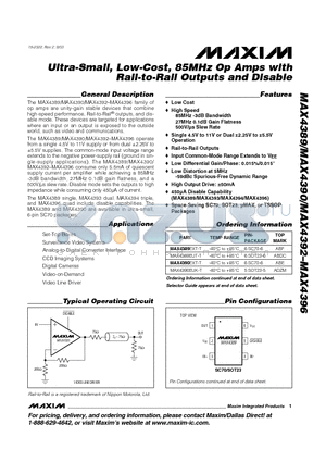 MAX4390 datasheet - Ultra-Small, Low-Cost, 85MHz Op Amps with Rail-to-Rail Outputs and Disable