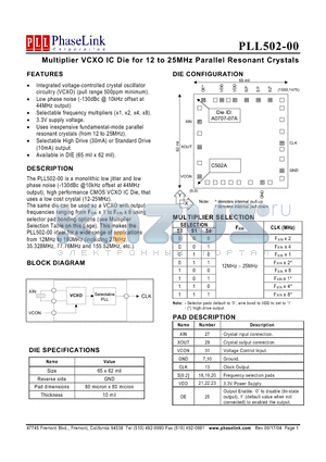 P502-00DC datasheet - Multiplier VCXO IC Die for 12 to 25MHz Parallel Resonant Crystals