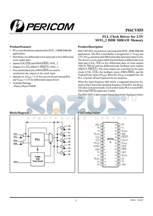 PI6CV855 datasheet - PLL Clock Driver for 2.5V SSTL 2 DDR SDRAM Memory