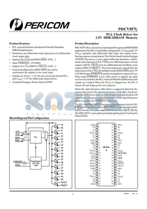 PI6CV857 datasheet - PLL Clock Driver for 2.5V DDR-SDRAM Memory