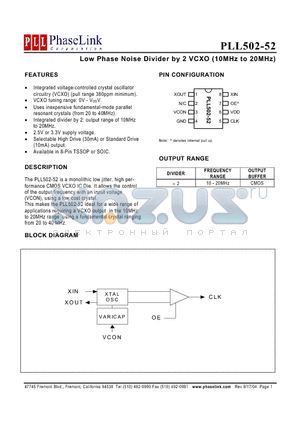 P502-52OC datasheet - Low Phase Noise Divider by 2 VCXO (10MHz to 20MHz)