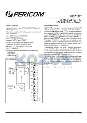 PI6CVF857ZDE datasheet - 1:10 PLL Clock Driver for 2.5V DDR-SDRAM Memory