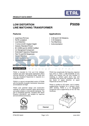 P5059 datasheet - LOW DISTORTION LINE MATCHING TRANSFORMER