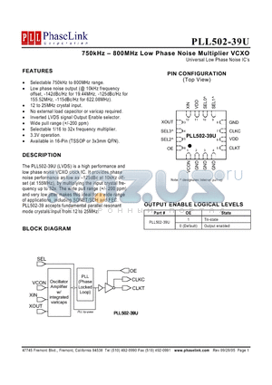 P502-39UQC datasheet - 750kHz - 800MHz Low Phase Noise Multiplier VCXO