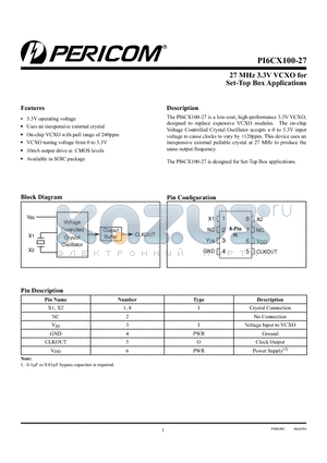 PI6CX100-27 datasheet - 27 MHz 3.3V VCXO for Set-Top Box Applications