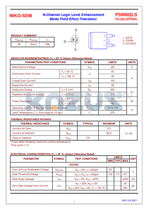 P50N02LS datasheet - N-Channel Logic Level Enhancement Mode Field Effect Transistor