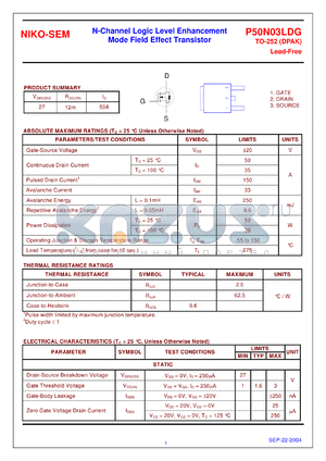 P50N03LDG datasheet - N-Channel Logic Level Enhancement Mode Field Effect Transistor