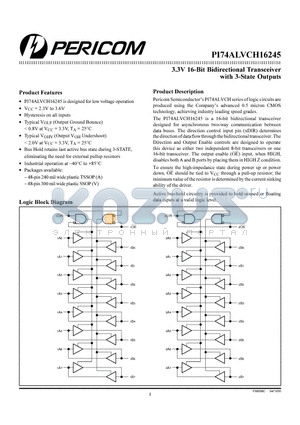 PI74ALVCH16245 datasheet - 3.3V 16-Bit Bidirectional Transceiver with 3-State Outputs