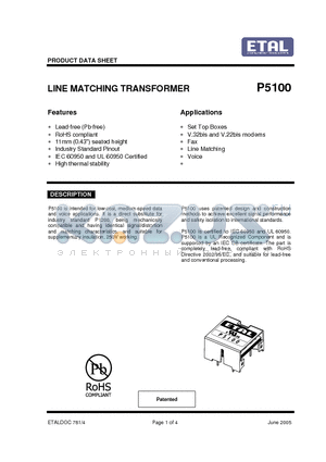 P5100 datasheet - LINE MATCHING TRANSFORMER