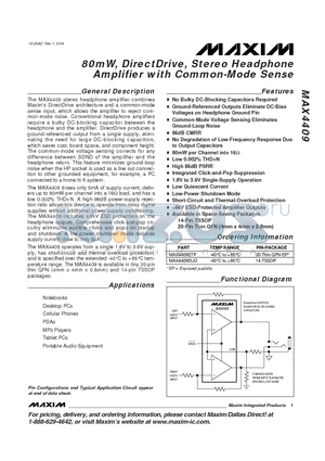 MAX4409EUD datasheet - 80mW, DirectDrive Stereo Headphone Amplifier with Common-Mode Sense