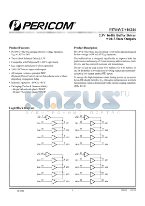 PI74AVC16244 datasheet - 2.5V 16-Bit Buffer Driver with 3-State Outputs