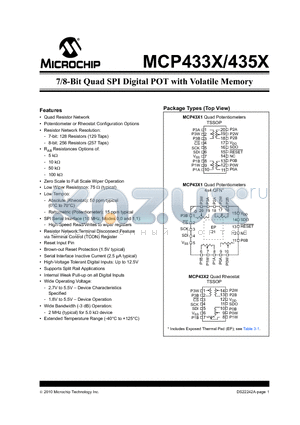 MCP435X datasheet - 7/8-Bit Quad SPI Digital POT with Volatile Memory