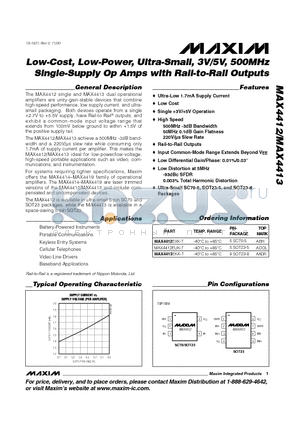 MAX4413 datasheet - Low-Cost, Low-Power, Ultra-Small, 3V/5V, 500MHz Single-Supply Op Amps with Rail-to-Rail Outputs