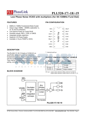 P520-17OC datasheet - Low Phase Noise VCXO with multipliers (for 65-130MHz Fund Xtal)