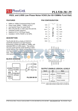 P520-38QC datasheet - PECL and LVDS Low Phase Noise VCXO (for 65-130MHz Fund Xtal)