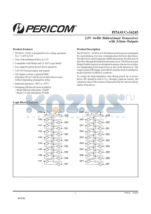 PI74AVC16245AE datasheet - 2.5V 16-Bit Bidirectional Transceiver with 3-State Outputs