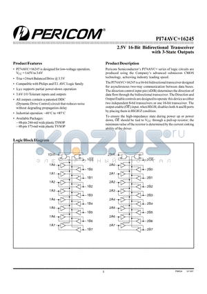 PI74AVC16245K datasheet - 2.5V 16-Bit Bidirectional Transceiver with 3-State Outputs