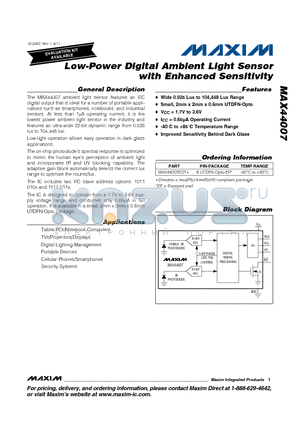MAX44007EDT+ datasheet - Low-Power Digital Ambient Light Sensor with Enhanced Sensitivity