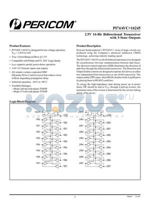 PI74AVC16245 datasheet - 2.5V 16-Bit Bidirectional Transceiver with 3-State Outputs