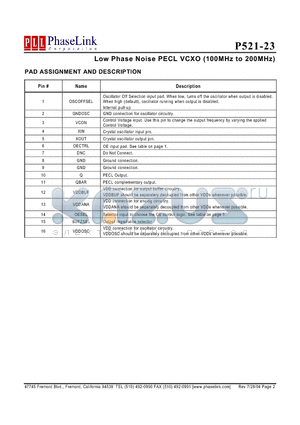 P521-23 datasheet - Low Phase Noise PECL VCXO (100MHz to 200MHz)