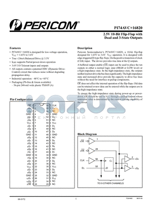 PI74AVC16820 datasheet - 2.5V 10-Bit Flip-Flop with Dual and 3-State Outputs