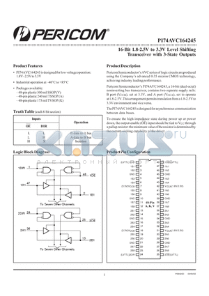 PI74AVC164245A datasheet - 16-Bit 1.8-2.5V to 3.3V Level Shifting Transceiver with 3-State Outputs
