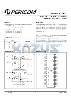 PI74AVC164245LAA datasheet - 16-Bit 1.5-2.5V to 3.3V Level Shifting Transceiver with 3-State Outputs