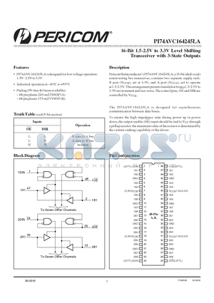 PI74AVC164245LAAE datasheet - 16-Bit 1.5-2.5V to 3.3V Level Shifting Transceiver with 3-State Outputs