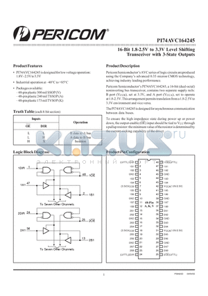 PI74AVC164245AK datasheet - 16-Bit 1.8-2.5V to 3.3V Level Shifting Transceiver with 3-State Outputs