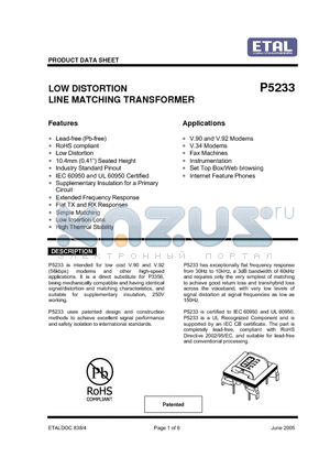 P5233 datasheet - LOW DISTORTION LINE MATCHING TRANSFORMER