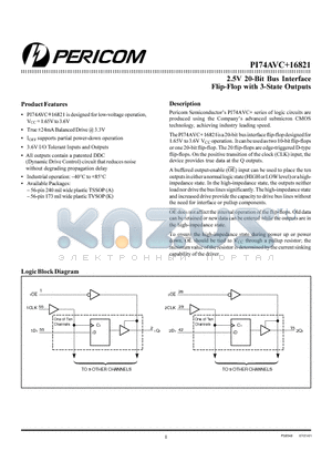 PI74AVC16821 datasheet - 2.5V 20-Bit Bus Interface Flip-Flop with 3-State Outputs