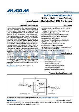 MAX44260AYT+ datasheet - 1.8V 15MHz Low-Offset, Low-Power, Rail-to-Rail I/O Op Amps