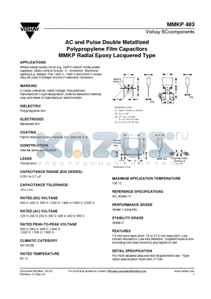 MMKP483 datasheet - AC and Pulse Double Metallized Polypropylene Film Capacitors MMKP Radial Epoxy Lacquered Type