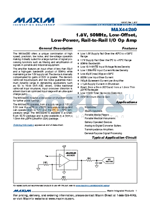 MAX44280AXT+ datasheet - 1.8V, 50MHz, Low-Offset, Low-Power, Rail-to-Rail I/O Op Amp