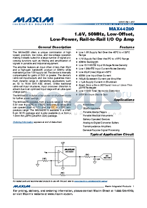 MAX44280AYT+ datasheet - 1.8V, 50MHz, Low-Offset, Low-Power, Rail-to-Rail I/O Op Amp