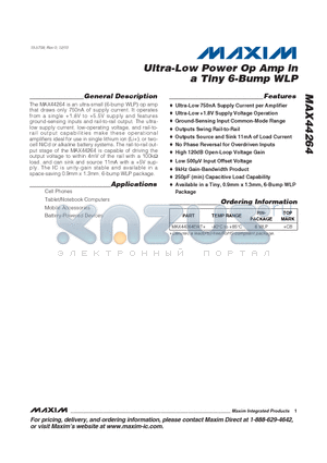 MAX44264EWT datasheet - Ultra-Low Power Op Amp in a Tiny 6-Bump WLP