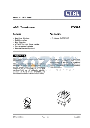 P5341 datasheet - ADSL Transformer