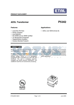 P5342 datasheet - ADSL Transformer