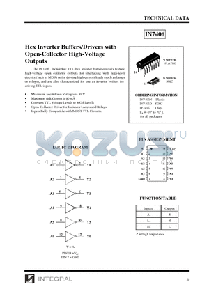 IN7406 datasheet - Hex Inverter Buffers/Drivers with Open-Collector High-Voltage Outputs