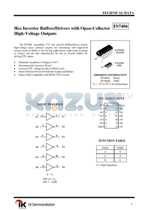 IN7406N datasheet - Hex Inverter Buffers/Drivers with Open-Collector High-Voltage Outputs