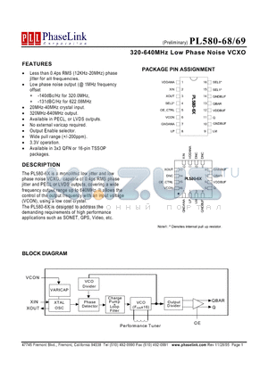 P580-69OCL datasheet - 320-640MHz Low Phase Noise VCXO