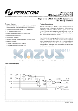 PI74FCT2191T datasheet - High Speed CMOS Presettable Synchronous 4-Bit Binary Counters