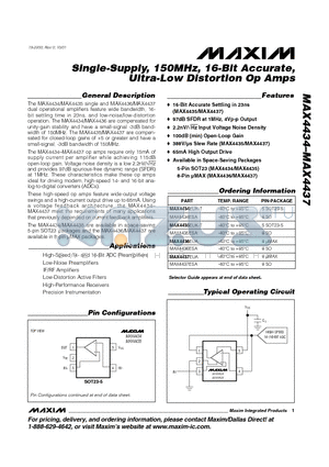 MAX4436EUA datasheet - Single-Supply, 150MHz, 16-Bit Accurate, Ultra-Low Distortion Op Amps