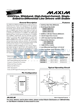 MAX4447 datasheet - 6500V/ls, Wideband, High-Output-Current, Single- Ended-to-Differential Line Drivers with Enable