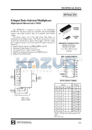 IN74AC151D datasheet - 8-Input Data Selector/Multiplexer  High-Speed Silicon-Gate CMOS
