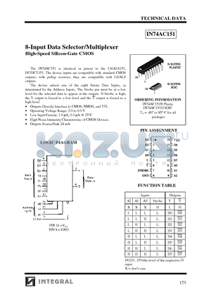 IN74AC151N datasheet - 8-Input Data Selector/Multiplexer  High-Speed Silicon-Gate CMOS