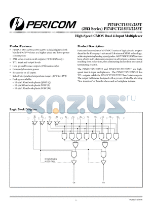 PI74FCT2253T datasheet - High-Speed CMOS Dual 4-Input Multiplexer